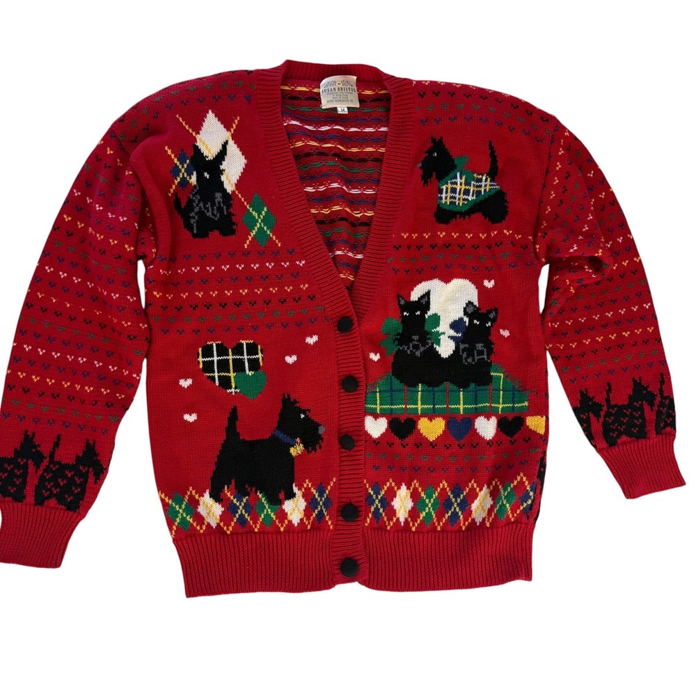 Vintage 1992 Susan Bristol Red Scottie Dog Intarsia Cardigan Sweater Womens M